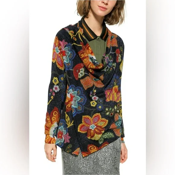 Desigual Celia Floral Knitted Zip Cardigan Jacket Women’s Size XL - Picture 2 of 6